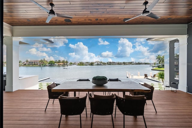 wooden deck with a water view and ceiling fan