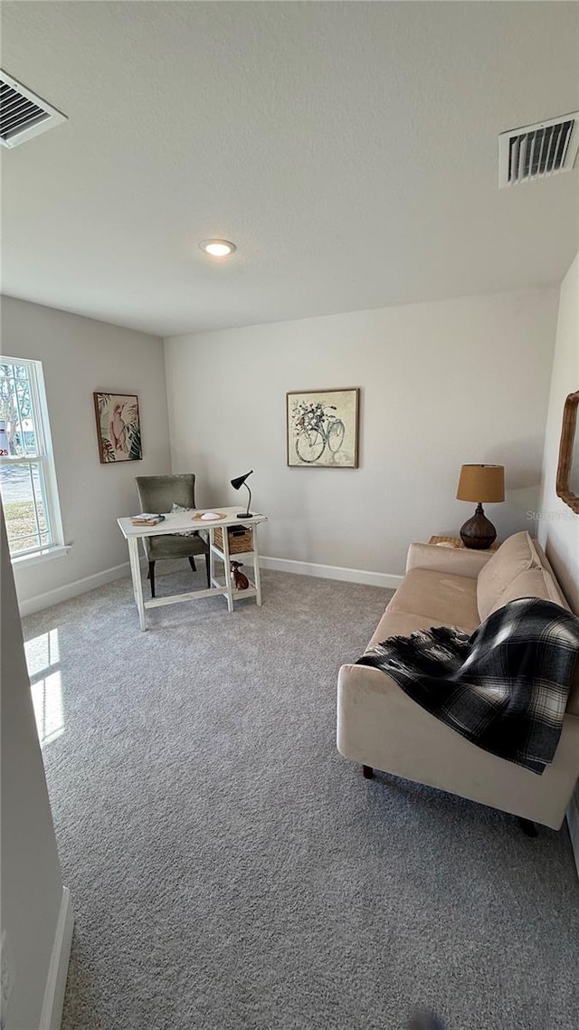 office area with recessed lighting, baseboards, visible vents, and carpet flooring