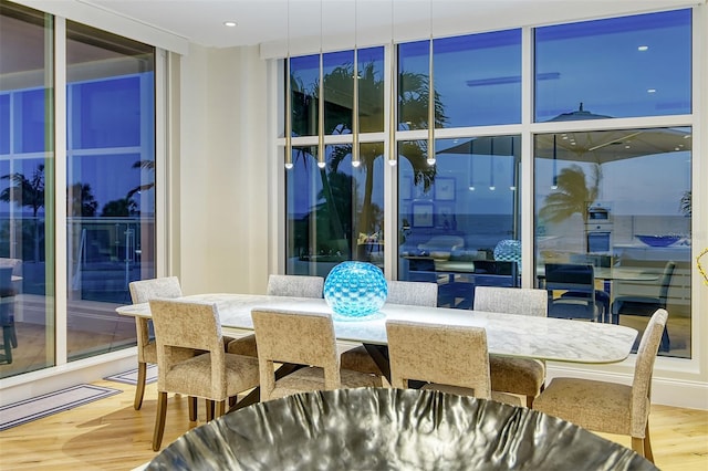 interior space featuring expansive windows and hardwood / wood-style flooring