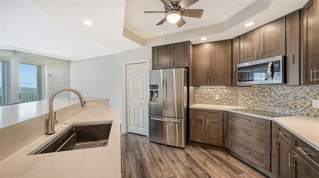 kitchen with dark hardwood / wood-style floors, ceiling fan, sink, appliances with stainless steel finishes, and a tray ceiling