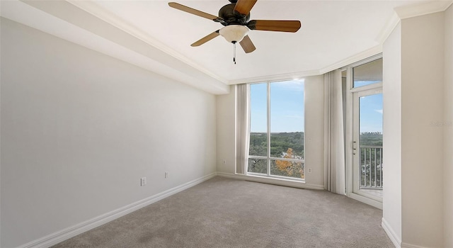 carpeted spare room featuring ceiling fan and ornamental molding