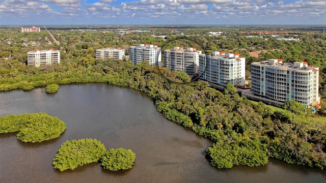 birds eye view of property featuring a water view