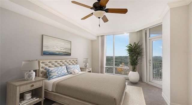 carpeted bedroom with crown molding, ceiling fan, and access to outside