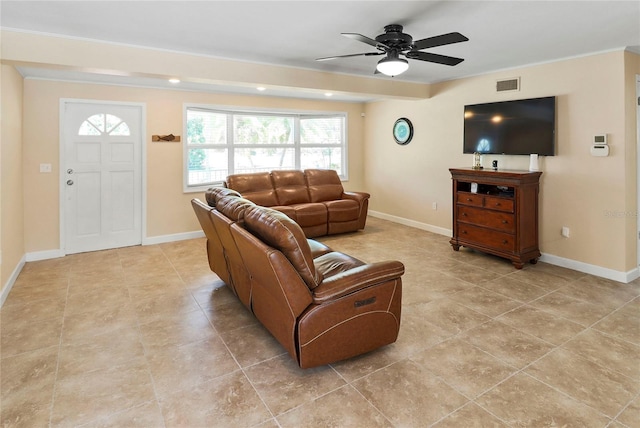 living room with ceiling fan