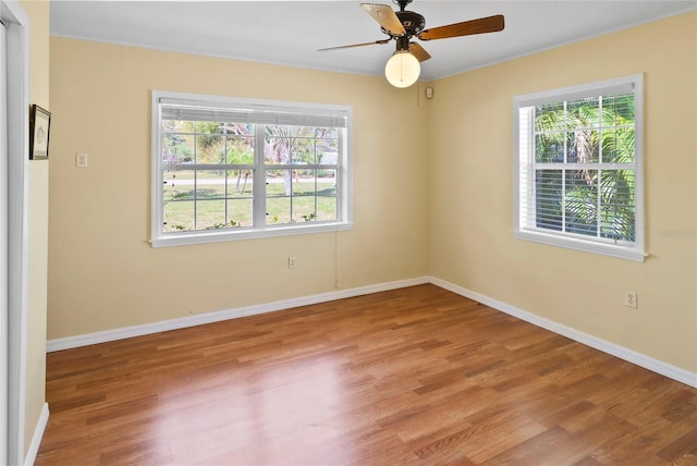 unfurnished room with ceiling fan, light wood-type flooring, and a wealth of natural light