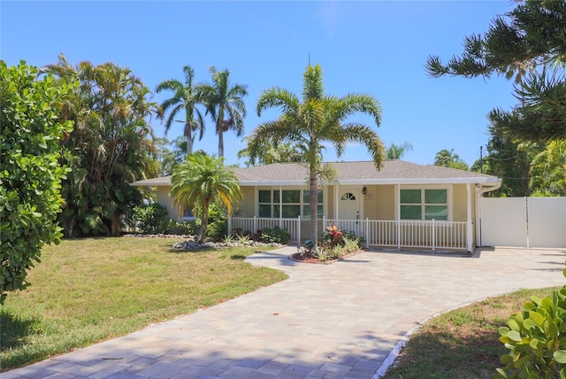 single story home with covered porch and a front yard