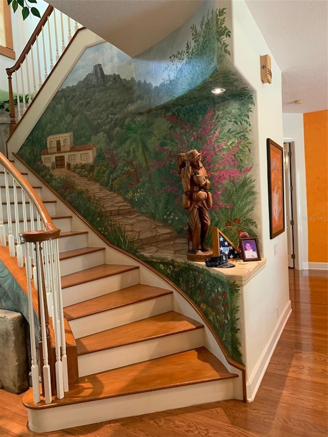 stairway with hardwood / wood-style floors