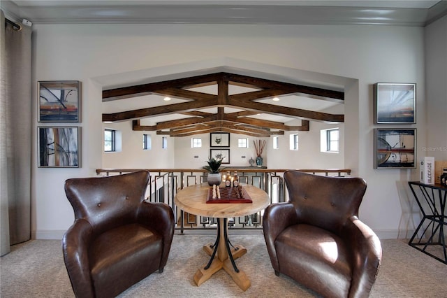 living area featuring lofted ceiling with beams and light colored carpet