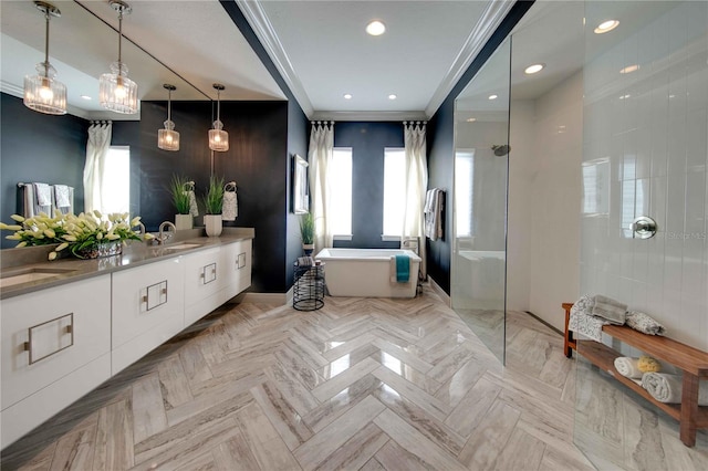 bathroom with vanity, crown molding, parquet flooring, and separate shower and tub