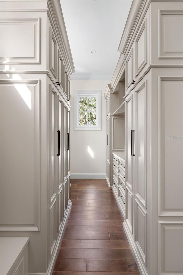 mudroom with dark hardwood / wood-style flooring and crown molding