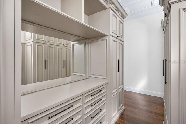 mudroom featuring dark hardwood / wood-style flooring and crown molding