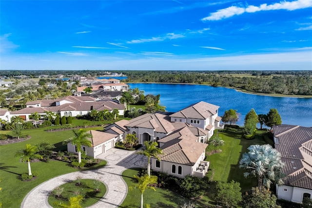 drone / aerial view with a water view