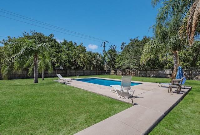 view of swimming pool with a patio and a lawn