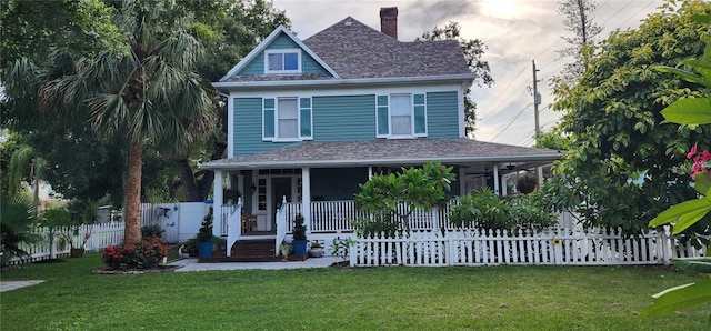 view of front of house featuring covered porch and a front yard