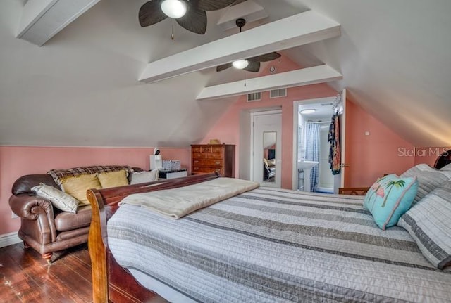 bedroom with hardwood / wood-style flooring, vaulted ceiling, and ceiling fan