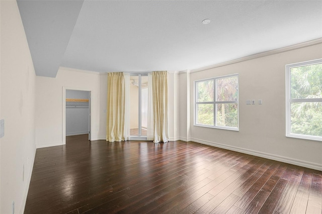 unfurnished room with crown molding and dark wood-type flooring