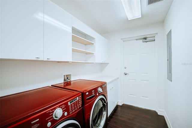 washroom featuring cabinets, independent washer and dryer, dark hardwood / wood-style flooring, and hookup for a washing machine