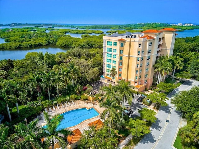 drone / aerial view featuring a water view