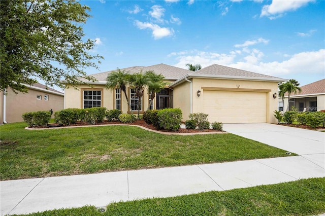 ranch-style home featuring a front lawn and a garage