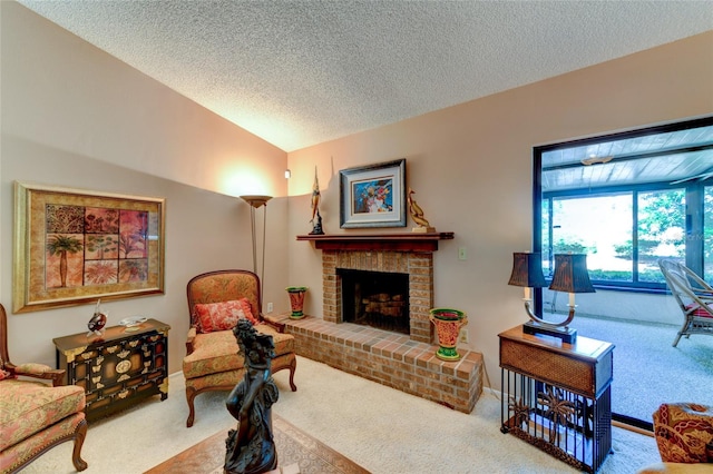 living room featuring lofted ceiling, carpet floors, a brick fireplace, and a textured ceiling