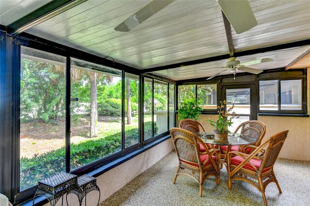 sunroom featuring ceiling fan and beam ceiling