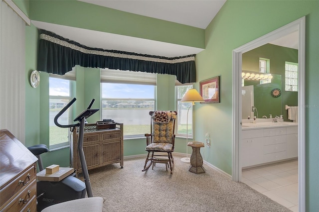 sitting room featuring light carpet, a water view, and a healthy amount of sunlight