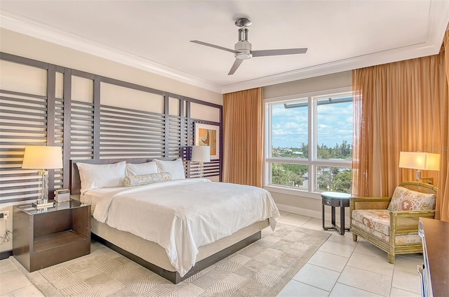 tiled bedroom with ceiling fan and ornamental molding