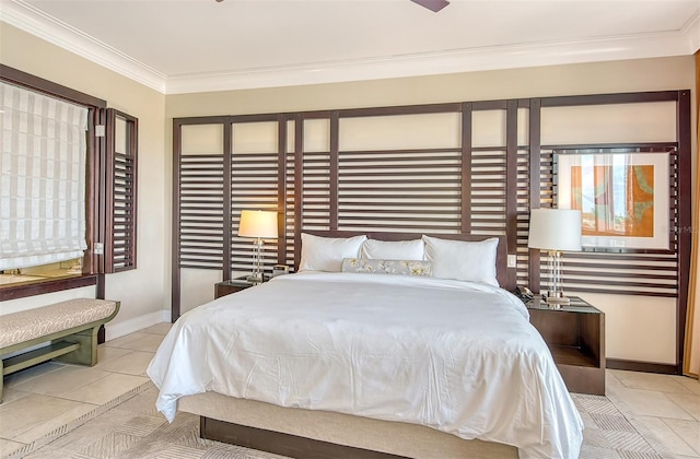 bedroom featuring light tile floors and crown molding