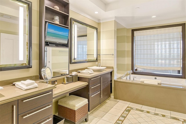 bathroom with tile flooring, dual bowl vanity, a washtub, and crown molding