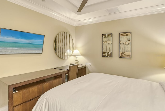 bedroom with ceiling fan and ornamental molding