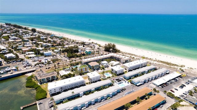 bird's eye view with a beach view and a water view