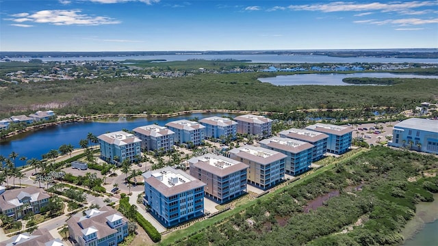 drone / aerial view with a water view