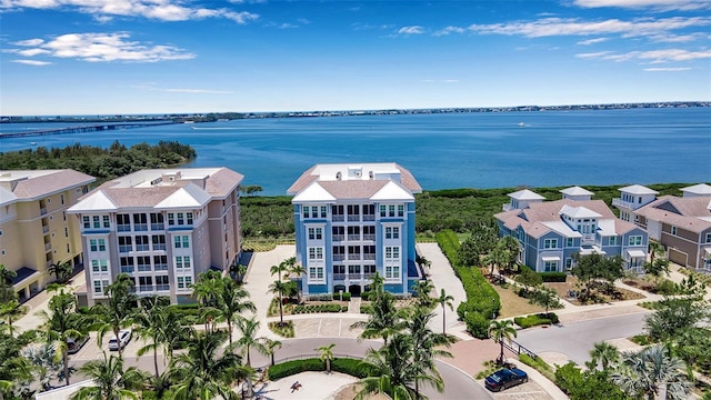 birds eye view of property with a water view