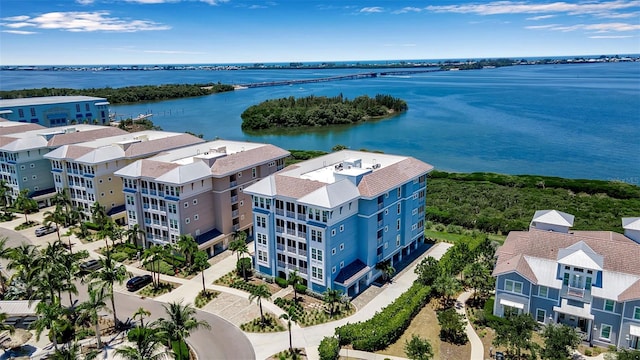 drone / aerial view featuring a water view