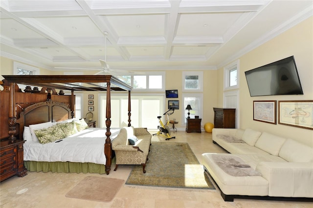 tiled bedroom with coffered ceiling, beamed ceiling, and crown molding