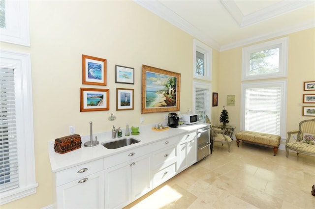 interior space with ornamental molding, a towering ceiling, and sink