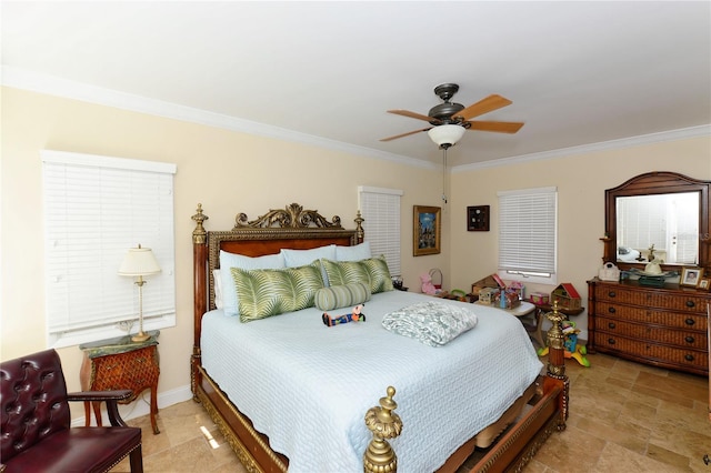 bedroom with crown molding and ceiling fan