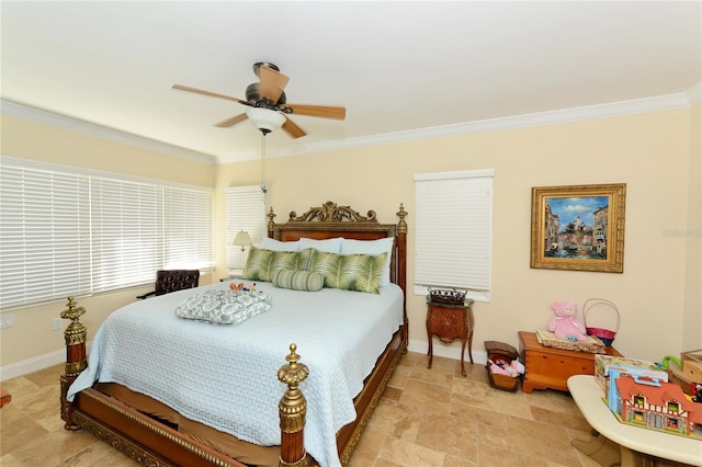 bedroom with ceiling fan and ornamental molding