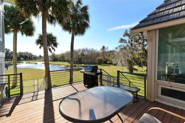 deck featuring a grill, a yard, and a water view