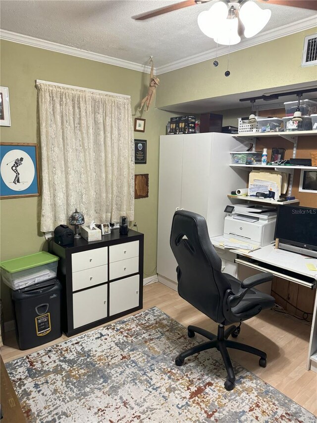 home office with light hardwood / wood-style floors, a textured ceiling, and ornamental molding