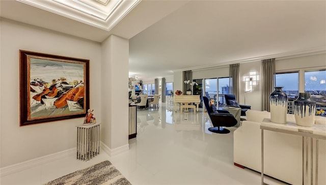 living room featuring light tile floors