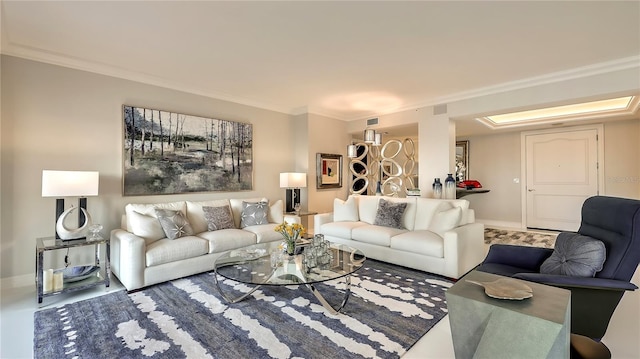 living room with crown molding