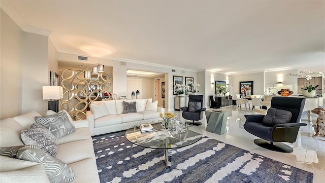 living room with ornamental molding