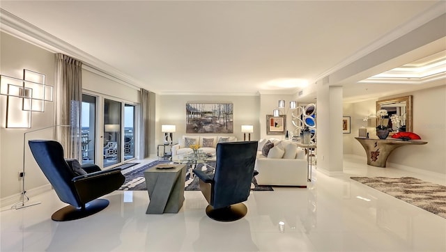 tiled living room with ornamental molding