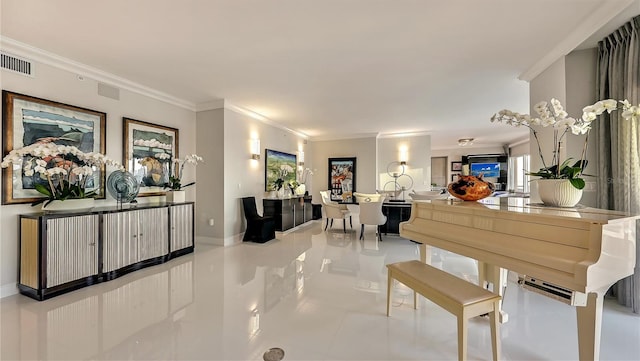 interior space featuring crown molding and light tile floors