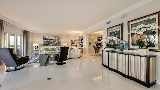 tiled living room with crown molding