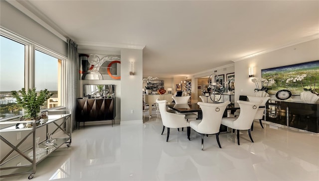 tiled dining room with crown molding