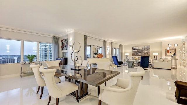 dining room with light tile floors and crown molding