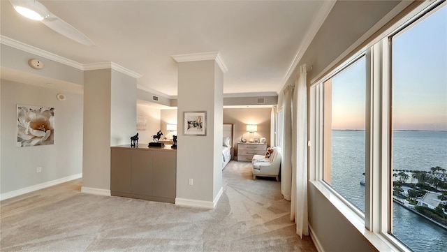 interior space with light colored carpet, ornamental molding, and a water view