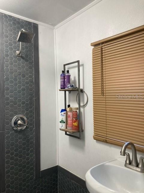 bathroom with crown molding, tiled shower, and sink